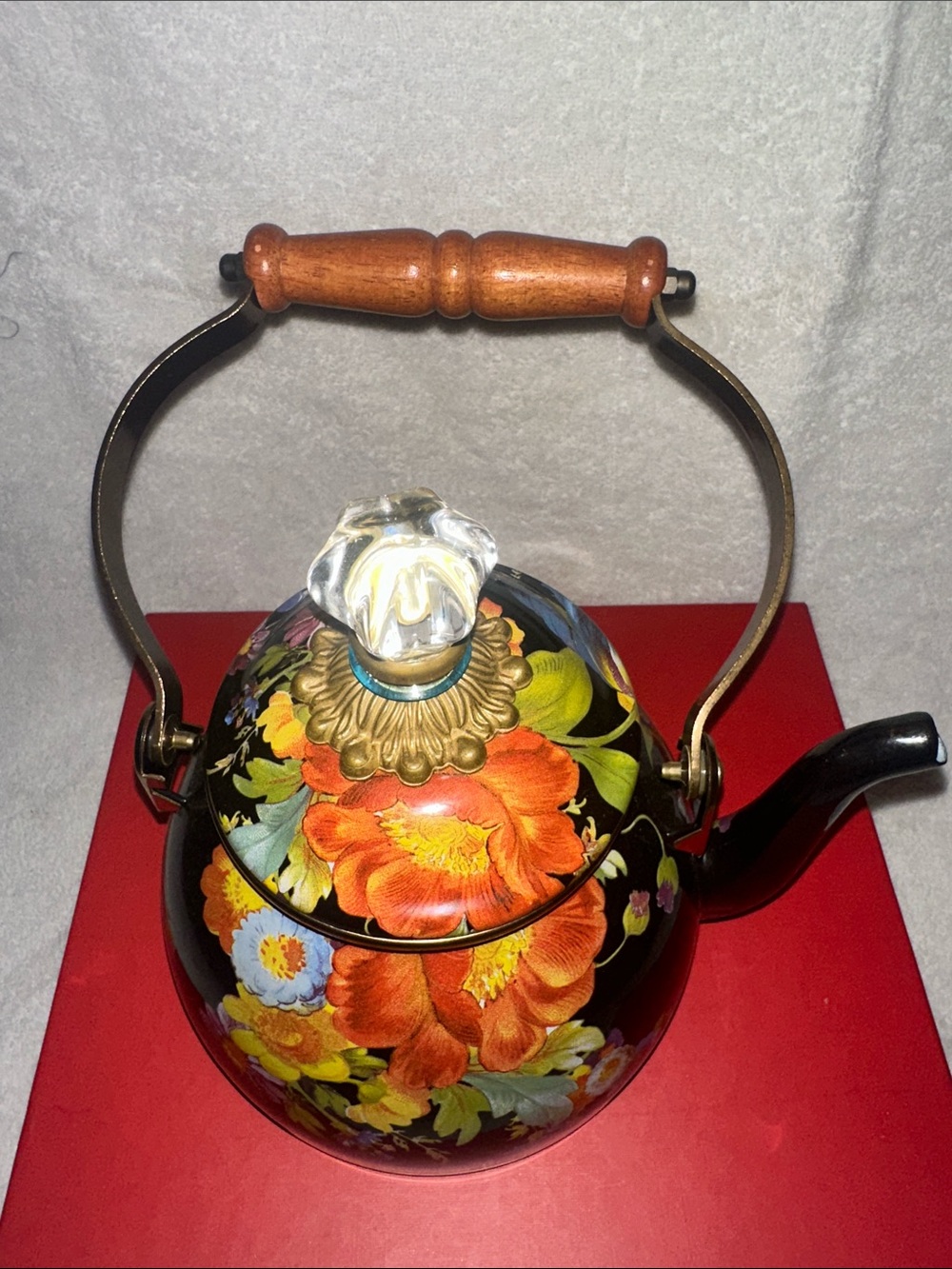 MacKenzie-Childs Floral Black Enamel Tea Kettle with Wooden Handle - Picture 5 of 7